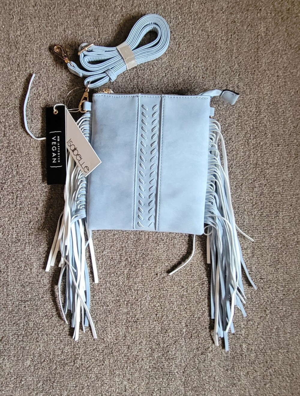 NWT Isabelle Blue  Fringe Cross Body Bag Vegan Faux Suede & Leather Purse